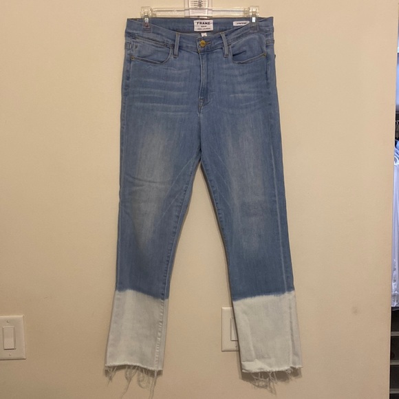 Frame | Le High Straight Light Washed Denim Dip Dyed White Frayed Edged Jeans - Picture 3 of 4